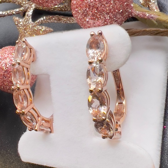 925 ROSE GOLD CHAMPAGNE RHINESTONES HOOP EARRINGS - Picture 2 of 7